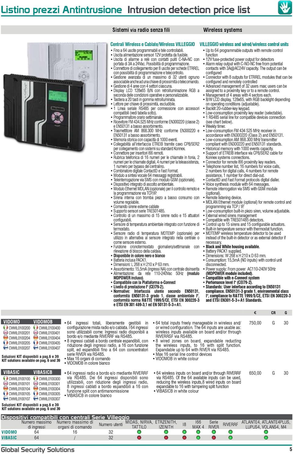 Up to 64 programmable outputs with remote control function Uscita di allarme a relè con contatti puliti C-NA-NC con portata di 3A a 24Vac. Possibilità di programmazione.