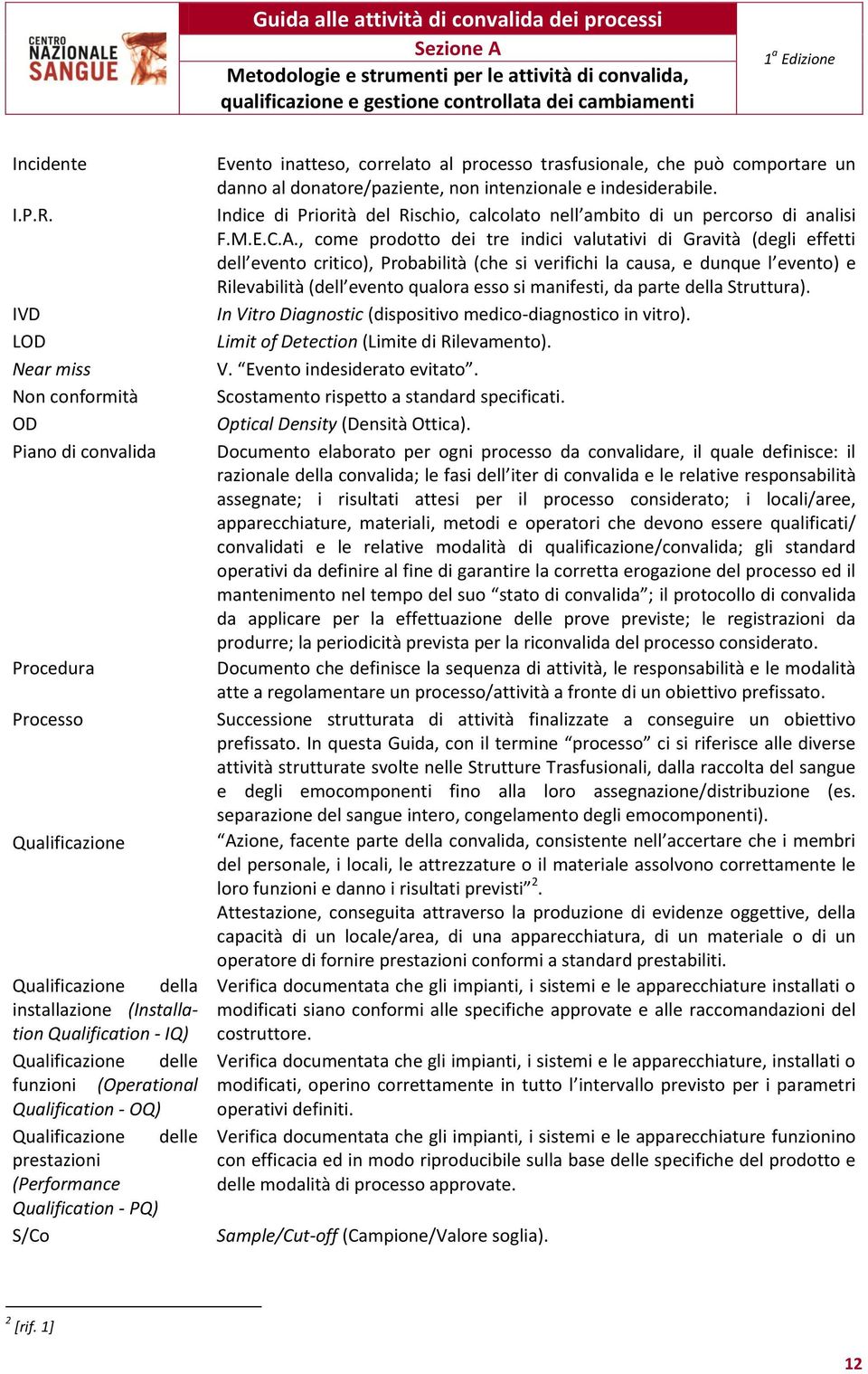 (Operational Qualification - OQ) Qualificazione delle prestazioni (Performance Qualification - PQ) S/Co Evento inatteso, correlato al processo trasfusionale, che può comportare un danno al