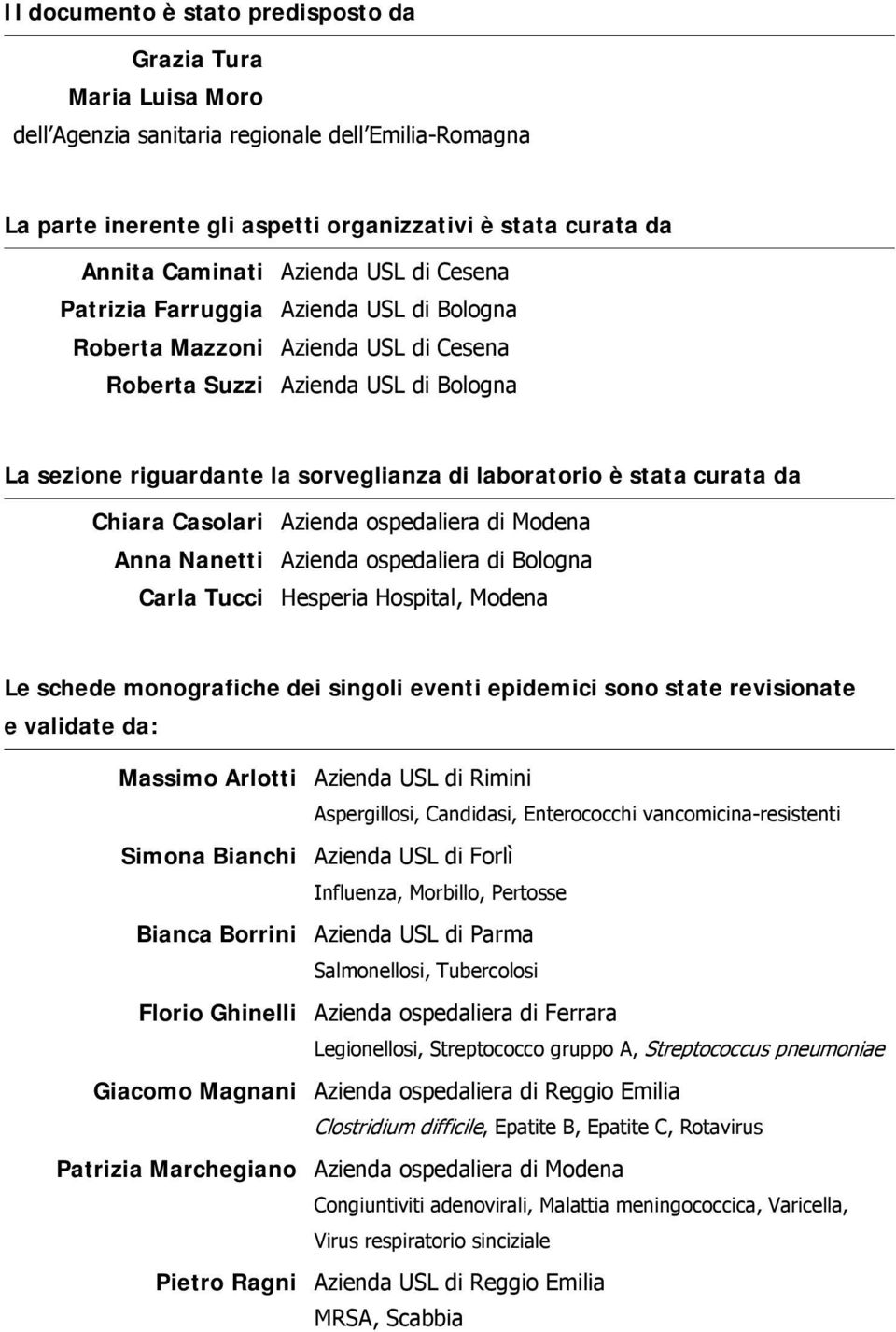 stata curata da Chiara Casolari Azienda ospedaliera di Modena Anna Nanetti Azienda ospedaliera di Bologna Carla Tucci Hesperia Hospital, Modena Le schede monografiche dei singoli eventi epidemici