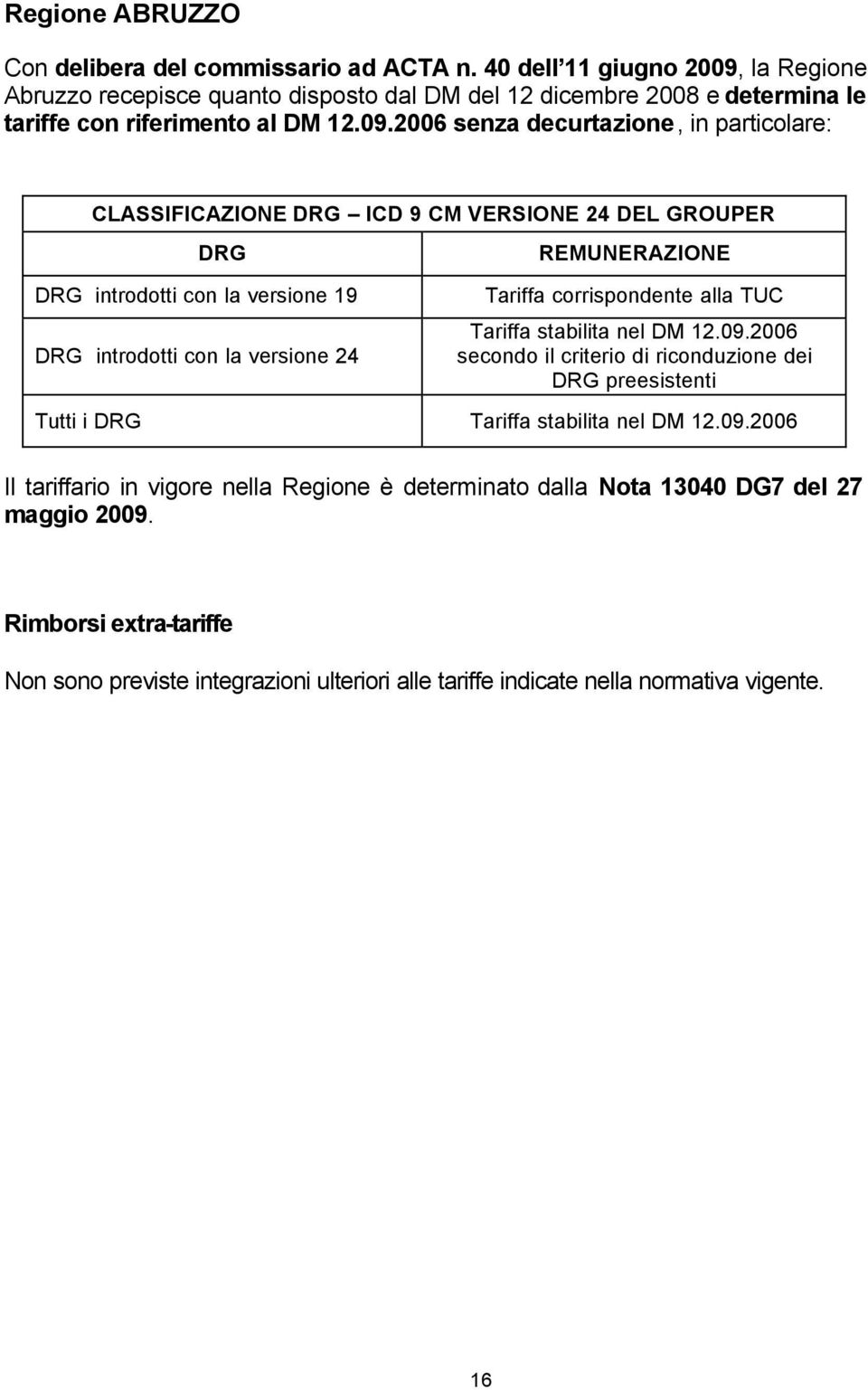 la Regione Abruzzo recepisce quanto disposto dal DM del 12 dicembre 2008 e determina le tariffe con riferimento al DM 12.09.