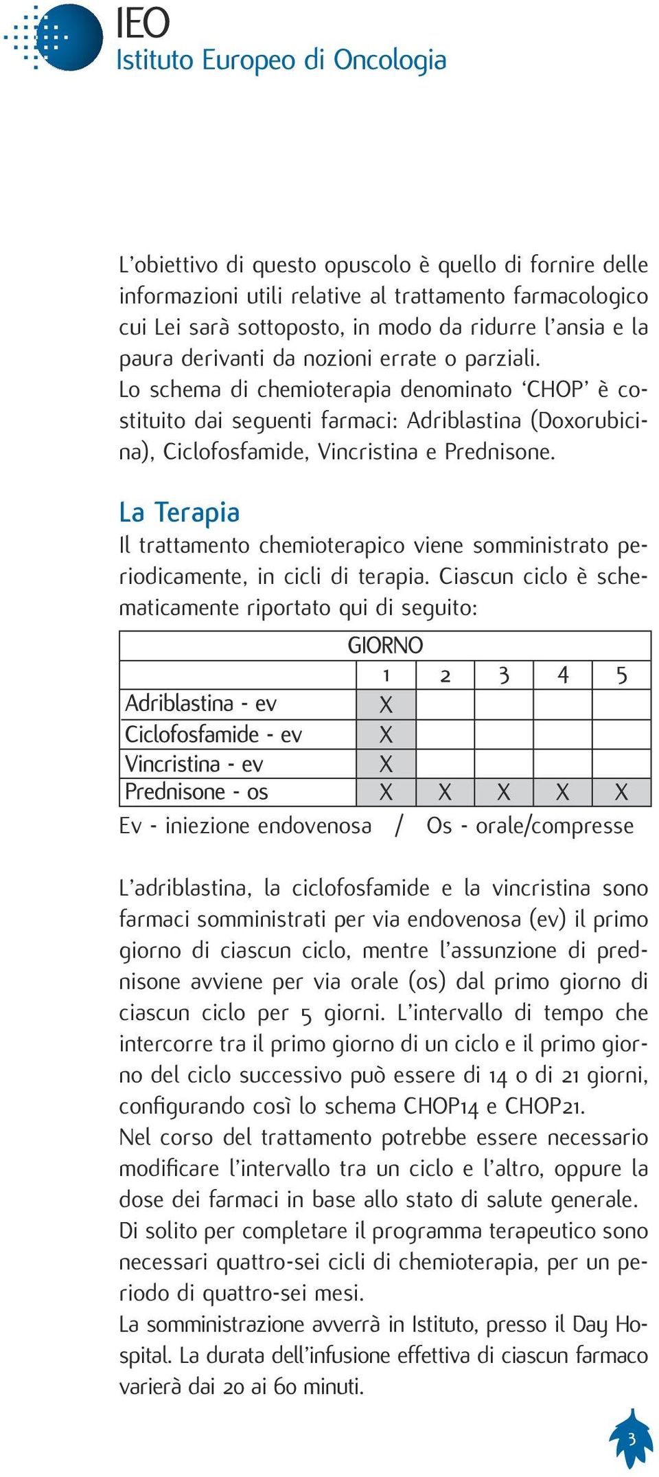 La Terapia Il trattamento chemioterapico viene somministrato periodicamente, in cicli di terapia.