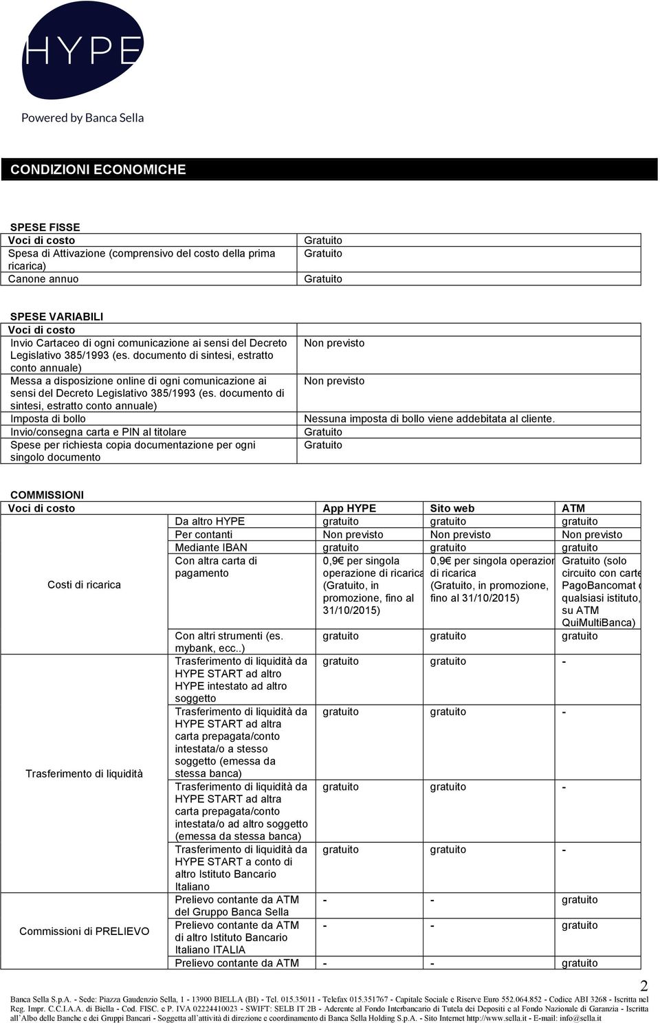 documento di sintesi, estratto conto annuale) Imposta di bollo Invio/consegna carta e PIN al titolare Spese per richiesta copia documentazione per ogni singolo documento Non previsto Non previsto