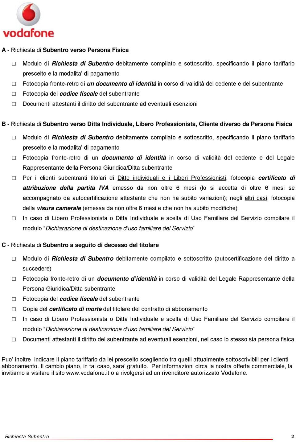 esenzioni B - Richiesta di Subentro verso Ditta Individuale, Libero Professionista, Cliente diverso da Persona Fisica Modulo di Richiesta di Subentro debitamente compilato e sottoscritto,