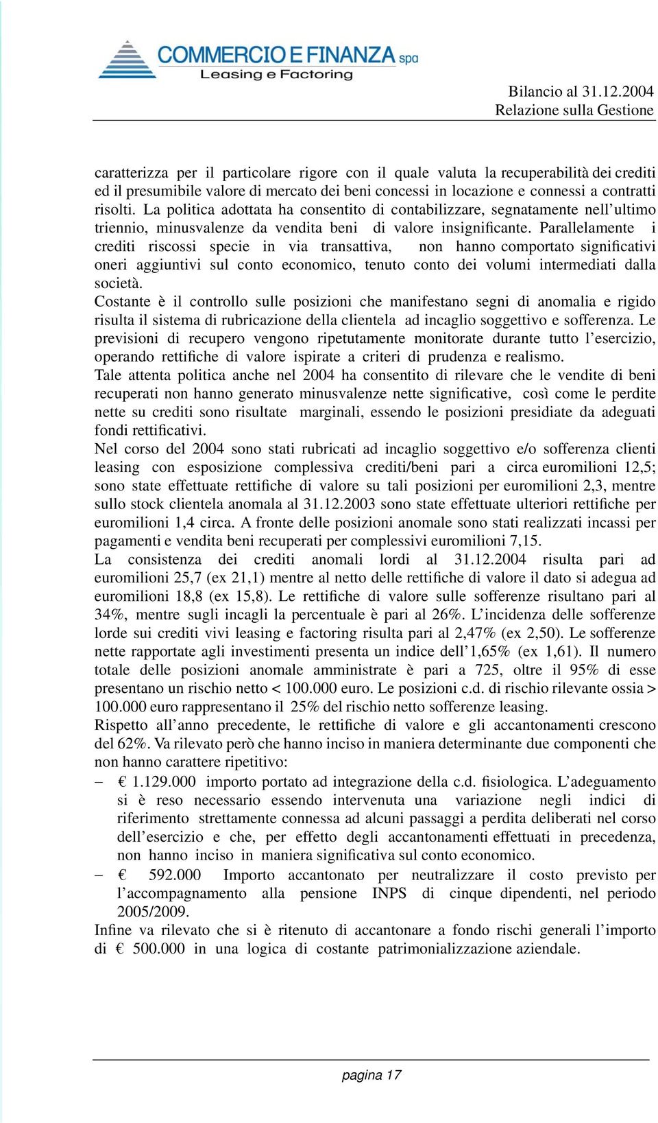 Parallelamente i crediti riscossi specie in via transattiva, non hanno comportato significativi oneri aggiuntivi sul conto economico, tenuto conto dei volumi intermediati dalla società.