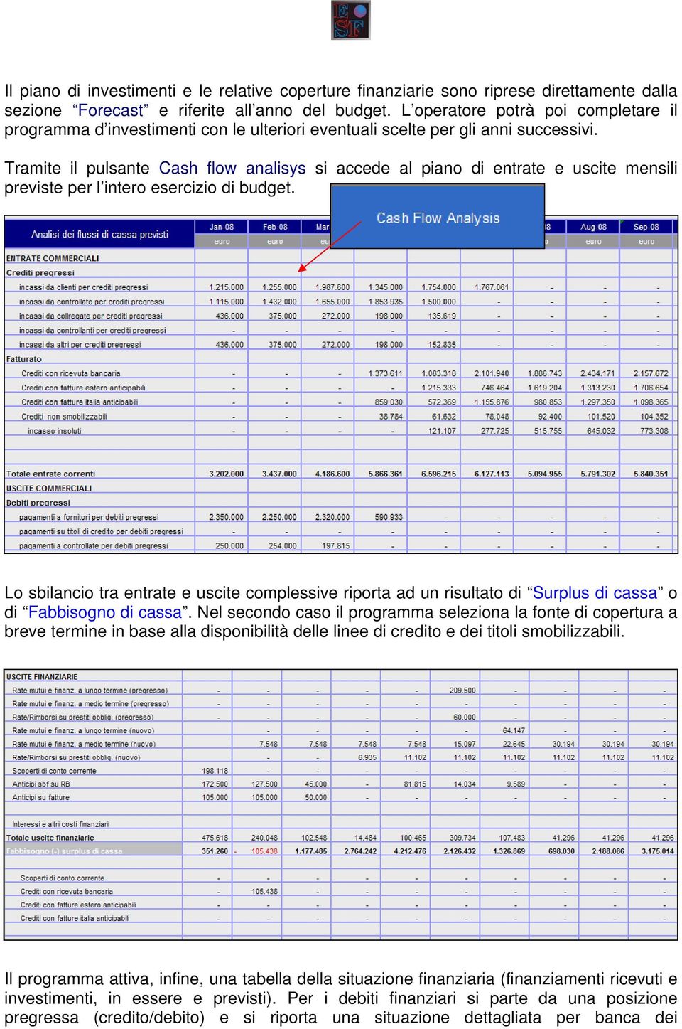 Tramite il pulsante Cash flow analisys si accede al piano di entrate e uscite mensili previste per l intero esercizio di budget.