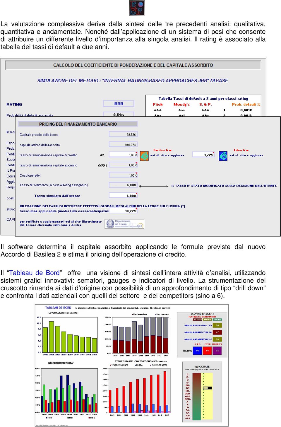 Il software determina il capitale assorbito applicando le formule previste dal nuovo Accordo di Basilea 2 e stima il pricing dell operazione di credito.