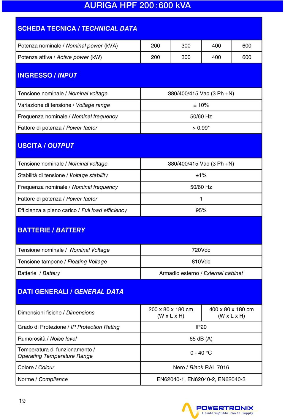 99* USCITA / OUTPUT Tensione nominale / Nominal voltage 380/400/415 Vac (3 Ph +N) Stabilità di tensione / Voltage stability ±1% Frequenza nominale / Nominal frequency 50/60 Hz Fattore di potenza /