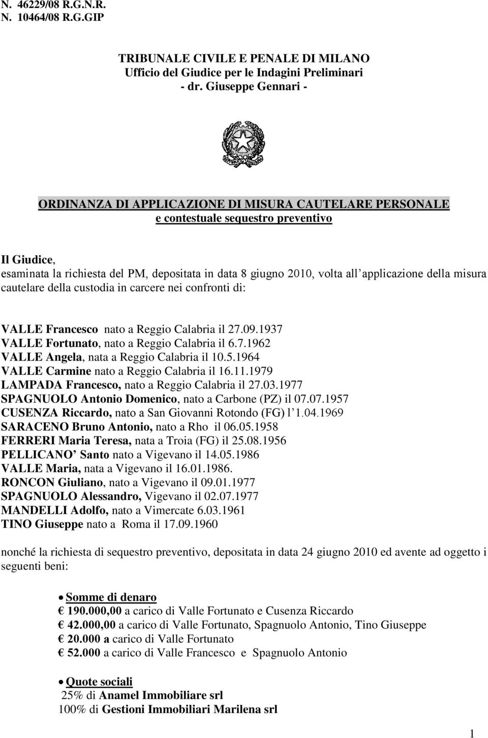 applicazione della misura cautelare della custodia in carcere nei confronti di: VALLE Francesco nato a Reggio Calabria il 27.09.1937 VALLE Fortunato, nato a Reggio Calabria il 6.7.1962 VALLE Angela, nata a Reggio Calabria il 10.