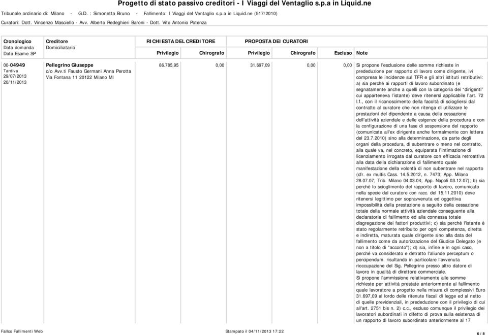 ai rapporti di lavoro subordinato (e segnatamente anche a quelli con la categoria dei dirigenti cui apparteneva l istante) deve ritenersi applicabile l art. 72 l.f.