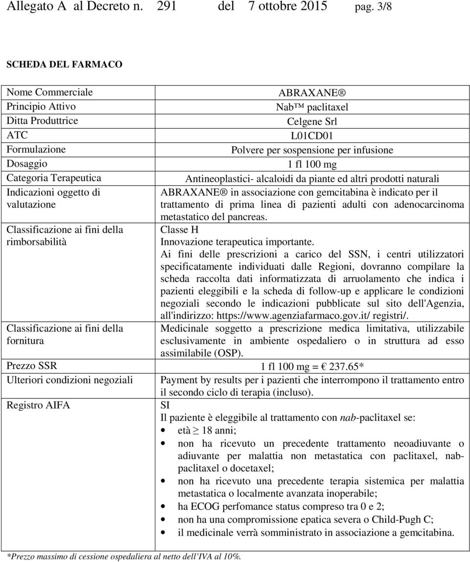 Categoria Terapeutica Antineoplastici- alcaloidi da piante ed altri prodotti naturali Indicazioni oggetto di ABRAXANE in associazione con gemcitabina è indicato per il valutazione trattamento di