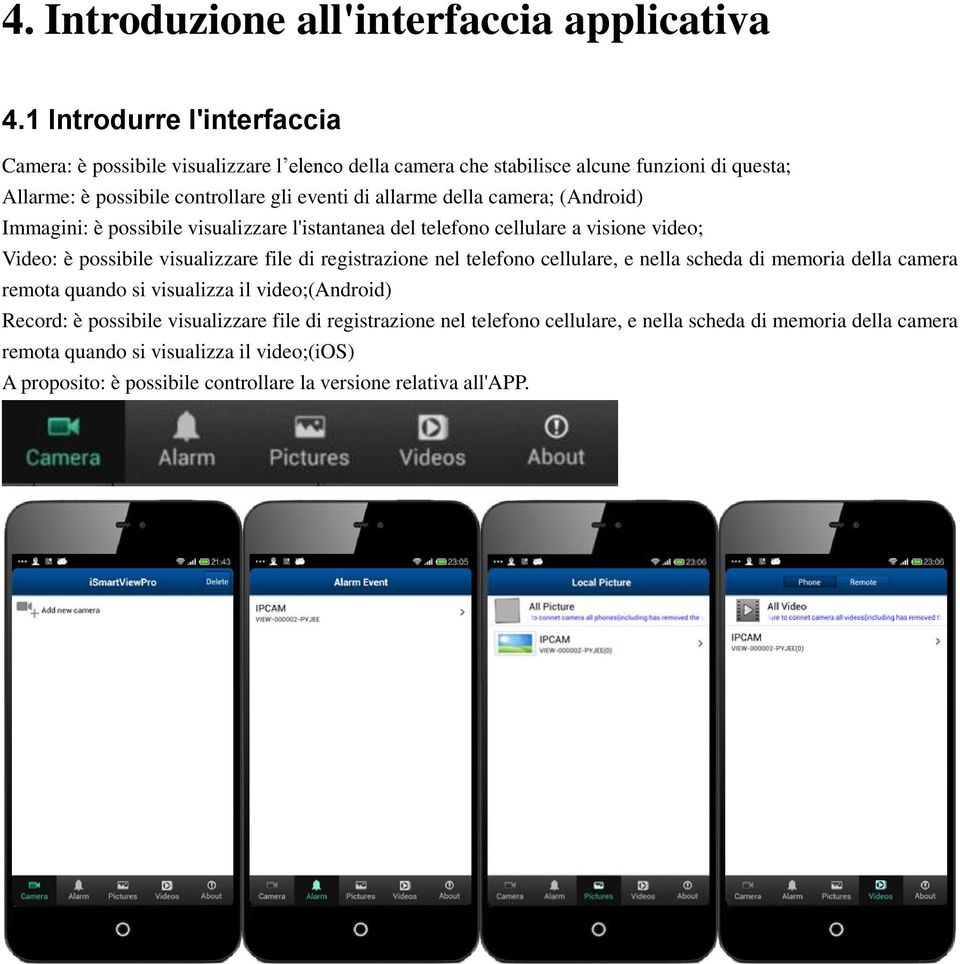 della camera; (Android) Immagini: è possibile visualizzare l'istantanea del telefono cellulare a visione video; Video: è possibile visualizzare file di registrazione nel telefono