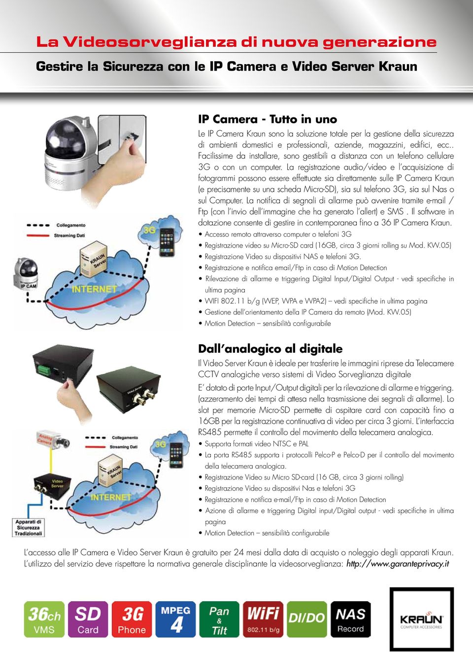 La registrazione audio/video e l acquisizione di fotogrammi possono essere effettuate sia direttamente sulle (e precisamente su una scheda Micro-SD), sia sul telefono 3G, sia sul Nas o sul Computer.