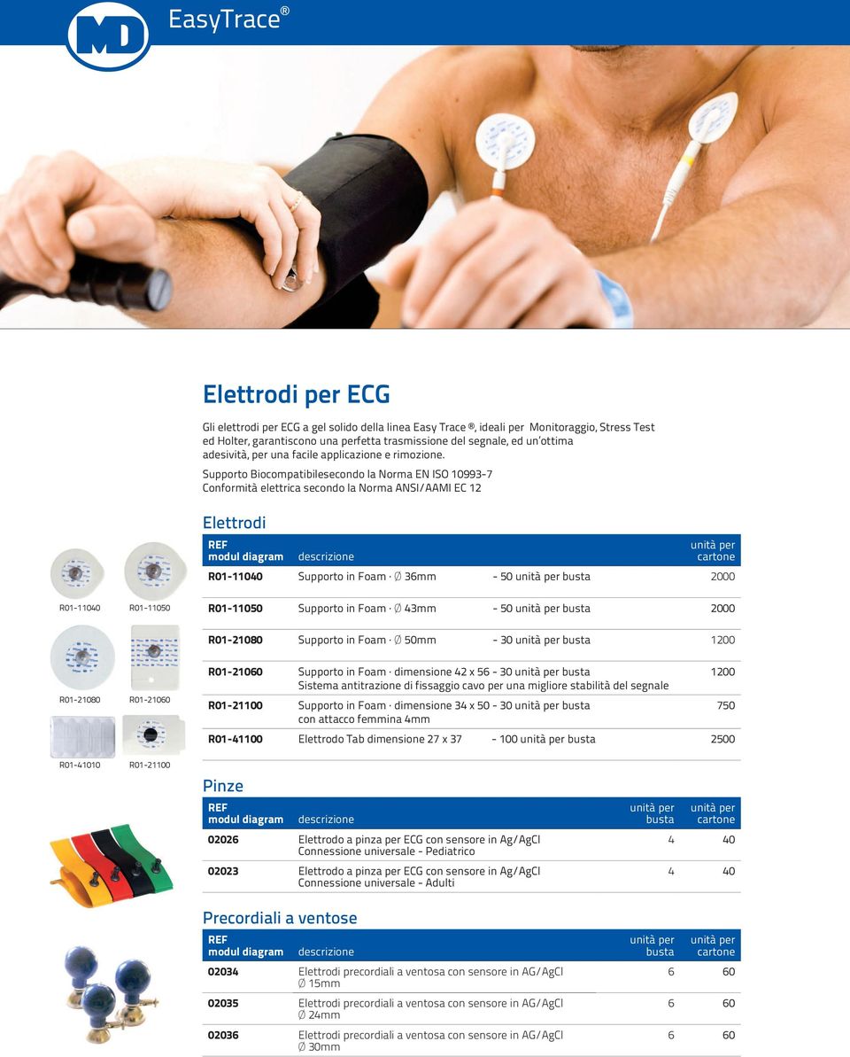 Supporto Biocompatibilesecondo la Norma EN ISO 10993-7 Conformità elettrica secondo la Norma ANSI/AAMI EC 12 Elettrodi descrizione R01-11040 Supporto in Foam Ø 36mm - 50 busta 2000 0,060 R01-11040