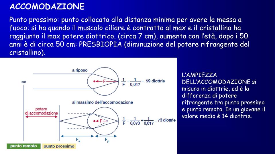 (circa 7 cm), aumenta con l età, dopo i 50 anni è di circa 50 cm: PRESBIOPIA (diminuzione del potere rifrangente del