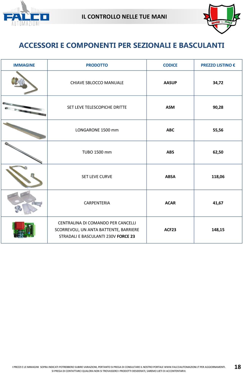 TUBO 1500 mm ABS 62,50 SET LEVE CURVE ABSA 118,06 CARPENTERIA ACAR 41,67 CENTRALINA DI COMANDO