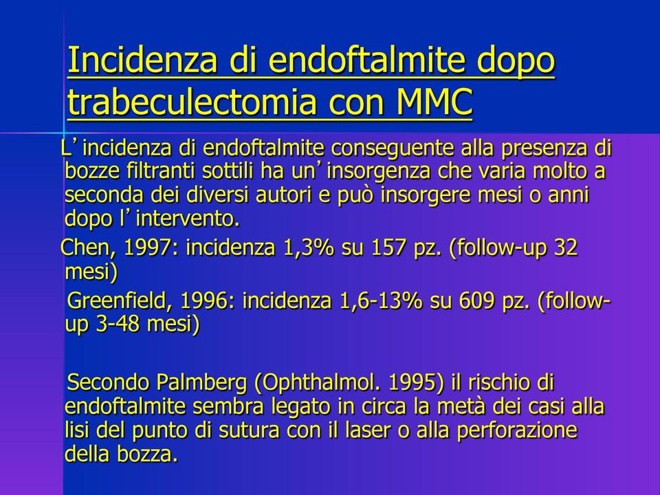 Chen, 1997: incidenza 1,3% su 157 pz. (follow-up 32 mesi) Greenfield, 1996: incidenza 1,6-13% su 609 pz.