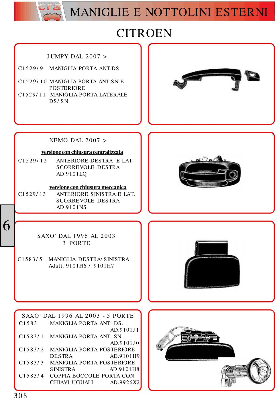 9101LQ versione con chiusura meccanica C1529/13 ANTERIORE SINISTRA E LAT. SCORREVOLE DESTRA AD.9101NS SAXO DAL 199 AL 2003 3 PORTE C1583/5 MANIGLIA DESTRA/SINISTRA Adatt.