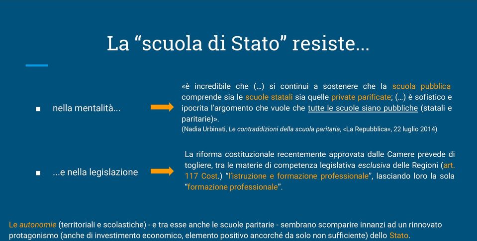 scuole siano pubbliche (statali e paritarie)». (Nadia Urbinati, Le contraddizioni della scuola paritaria, «La Repubblica», 22 luglio 2014).