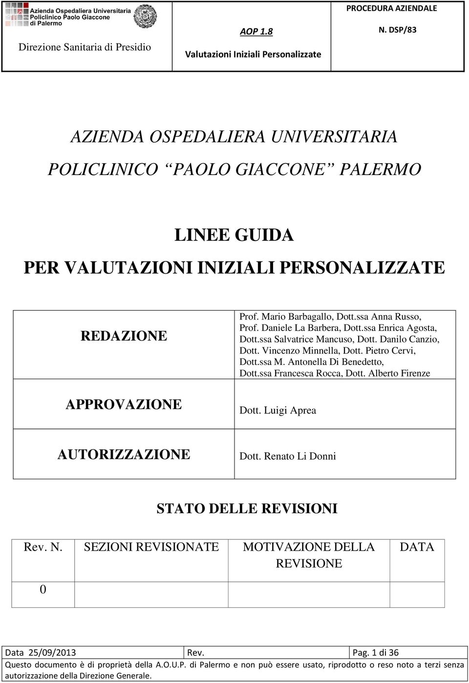 Danilo Canzio, Dott. Vincenzo Minnella, Dott. Pietro Cervi, Dott.ssa M. Antonella Di Benedetto, Dott.ssa Francesca Rocca, Dott.