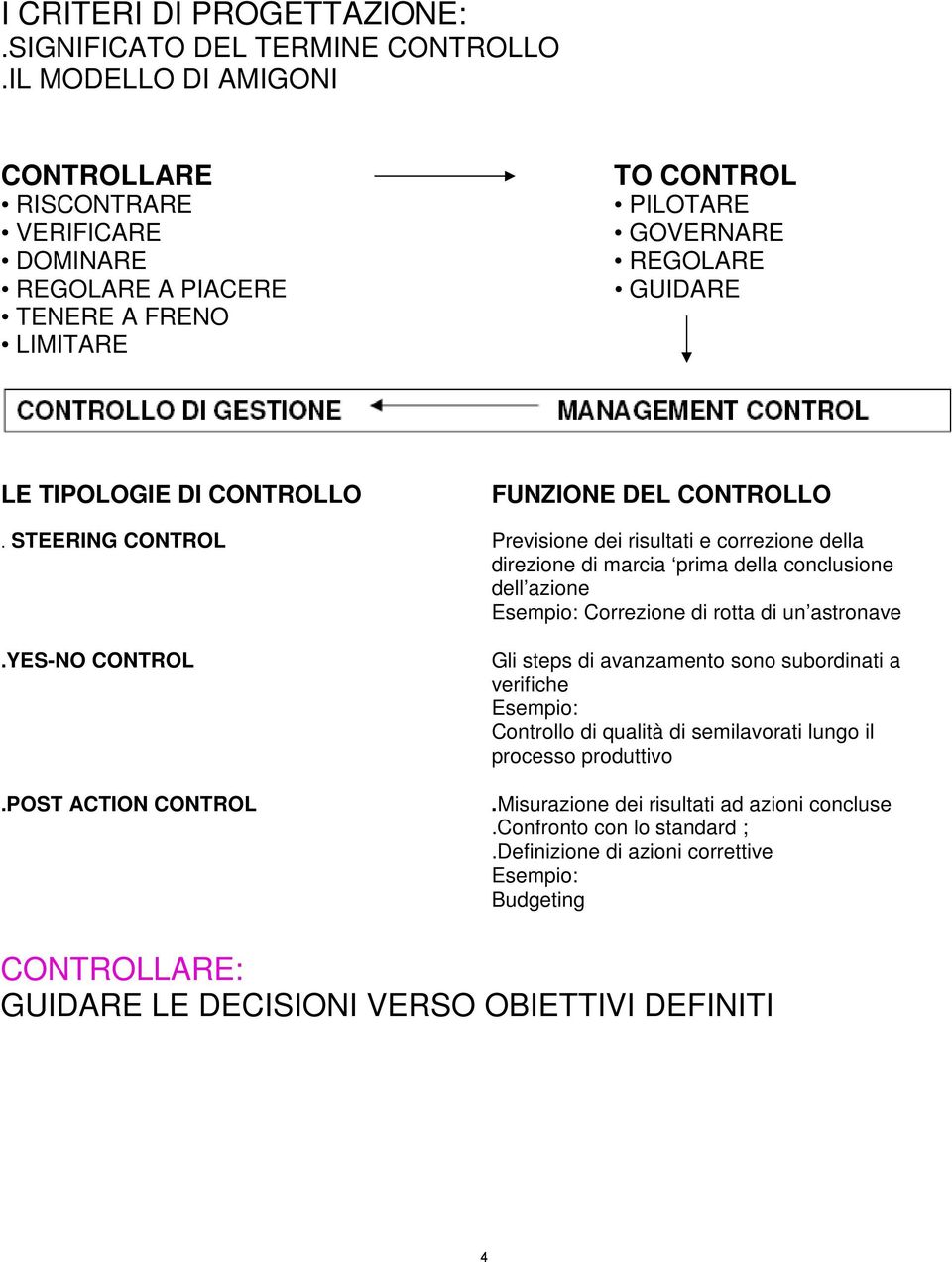 CONTROLLO. STEERING CONTROL Previsione dei risultati e correzione della direzione di marcia prima della conclusione dell azione Esempio: Correzione di rotta di un astronave.yes-no CONTROL.