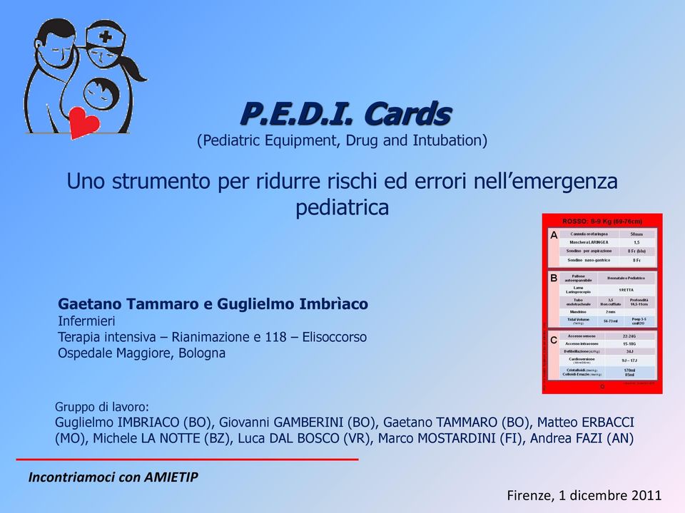 Gruppo di lavoro: Guglielmo IMBRIACO (BO), Giovanni GAMBERINI (BO), Gaetano TAMMARO (BO), Matteo