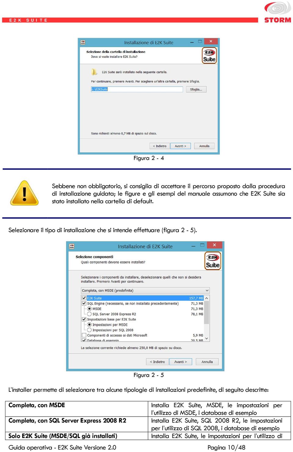 Figura 2-5 L installer permette di selezionare tra alcune tipologie di installazioni predefinite, di seguito descritte: Completa, con MSDE Installa E2K Suite, MSDE, le impostazioni per l utilizzo di