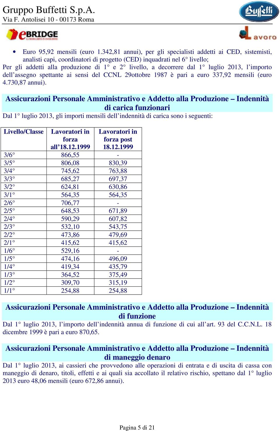 dal 1 luglio 2013, l importo dell assegno spettante ai sensi del CCNL 29ottobre 1987 è pari a euro 337,92 mensili (euro 4.730,87 annui).