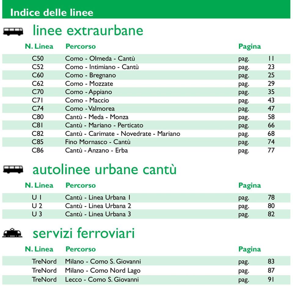 66 C82 Cantù - Carimate - Novedrate - Mariano pag. 68 C85 Fino Mornasco - Cantù pag. 74 C86 Cantù - Anzano - Erba pag. 77 autolinee urbane cantù N.
