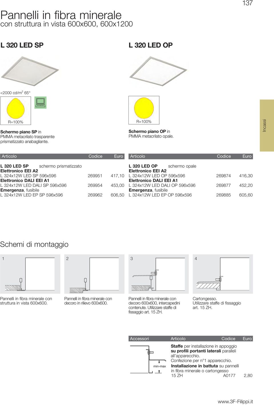 Incassi L 320 LED SP schermo prismatizzato L 324x12W LED SP x 269951 417,10 Elettronico DALI EEI A1 L 324x12W LED DALI SP x 269954 453,00 Emergenza, fusibile L 324x12W LED EP SP x 269962 606,50 L 320