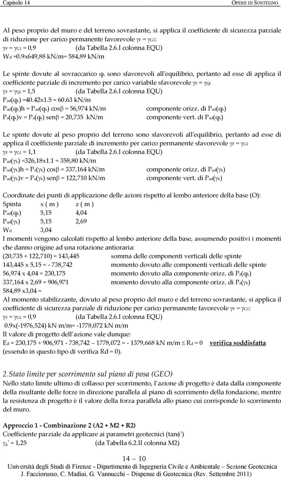 9x649,88 kn/m= 584,89 kn/m Le spinte dovute al sovraccarico qk sono sfavorevoli allʹequilibrio, pertanto ad esse di applica il coefficiente parziale di incremento per carico variabile sfavorevole F =