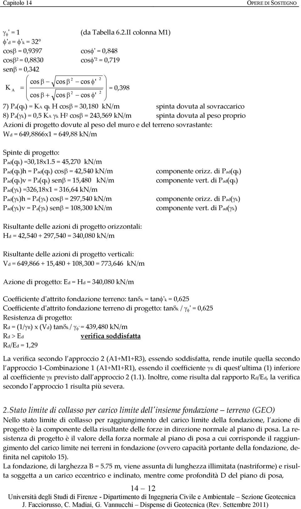 sovraccarico 8) Pa( k) = 0,5 KA k H 2 cos = 243,569 kn/m spinta dovuta al peso proprio Azioni di progetto dovute al peso del muro e del terreno sovrastante: Wd = 649,8866x1 = 649,88 kn/m Spinte di