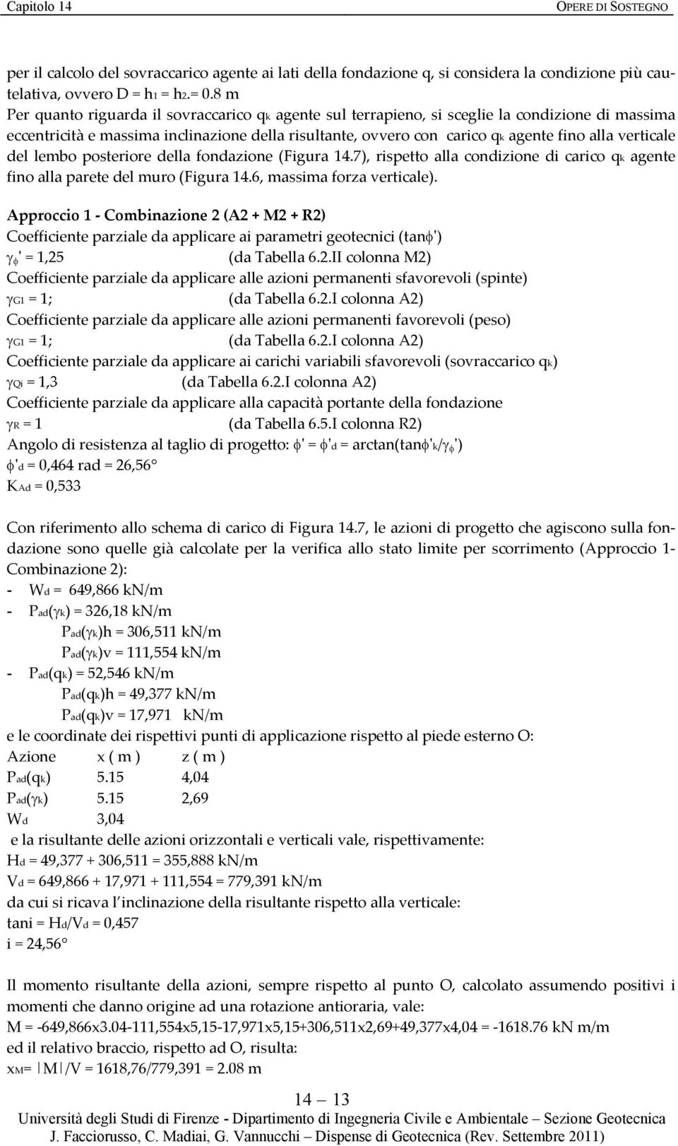 verticale del lembo posteriore della fondazione (Figura 14.7), rispetto alla condizione di carico qk agente fino alla parete del muro (Figura 14.6, massima forza verticale).