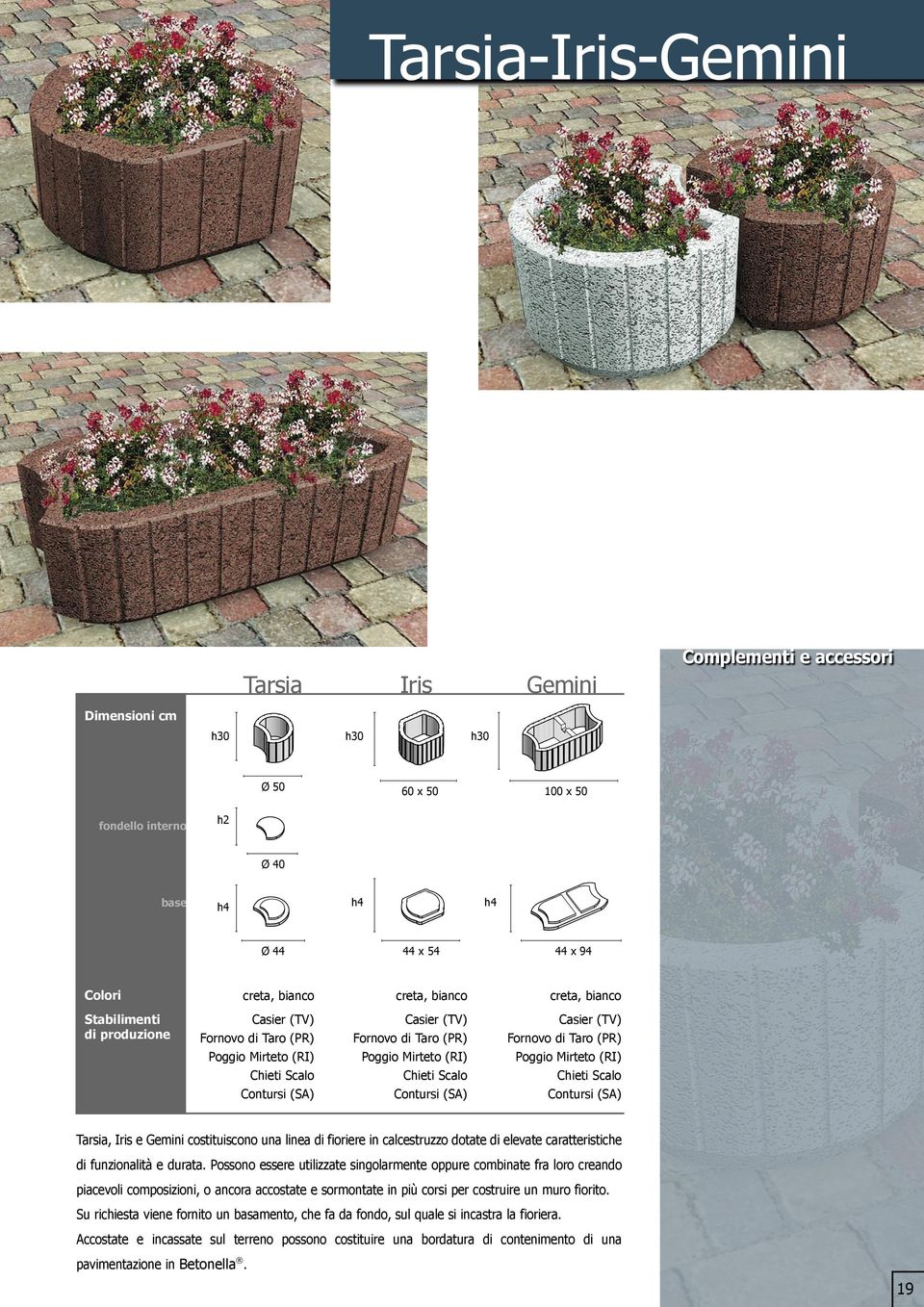 Possono essere utilizzate rmente oppure combinate fra loro creando piacevoli composizioni, o ancora accostate e sormontate in più corsi per costruire un muro fiorito.