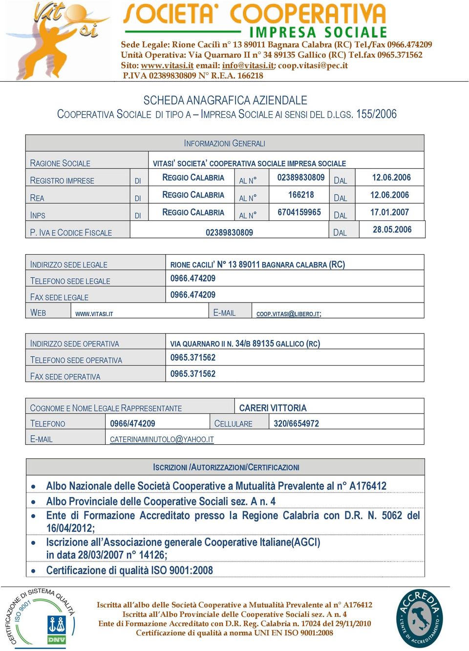 06.2006 INPS DI REGGIO CALABRIA AL N 6704159965 DAL 17.01.2007 P. IVA E CODICE FISCALE 02389830809 DAL 28.05.