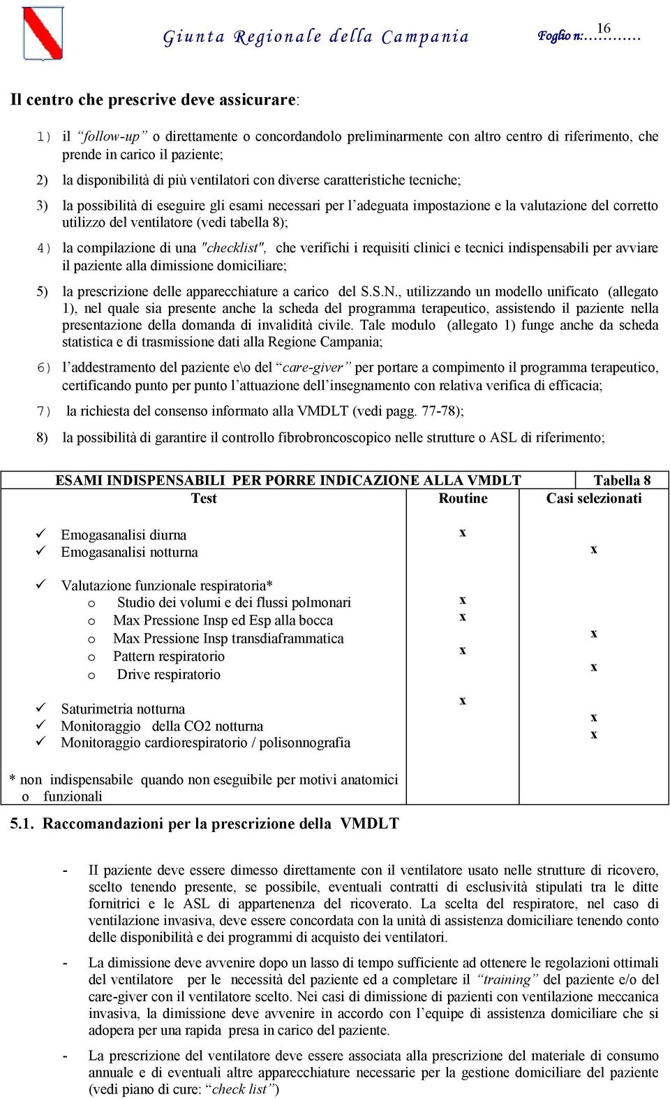 tabella 8); 4) la compilazione di una "checklist", che verifichi i requisiti clinici e tecnici indispensabili per avviare il paziente alla dimissione domiciliare; 5) la prescrizione delle