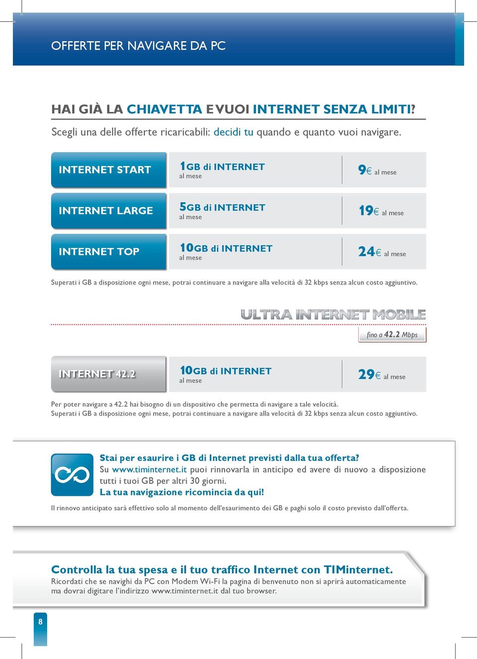 alcun costo aggiuntivo. fino a 42.2 Mbps Internet 42.2 10Gb di Internet 29 Per poter navigare a 42.2 hai bisogno di un dispositivo che permetta di navigare a tale velocità.