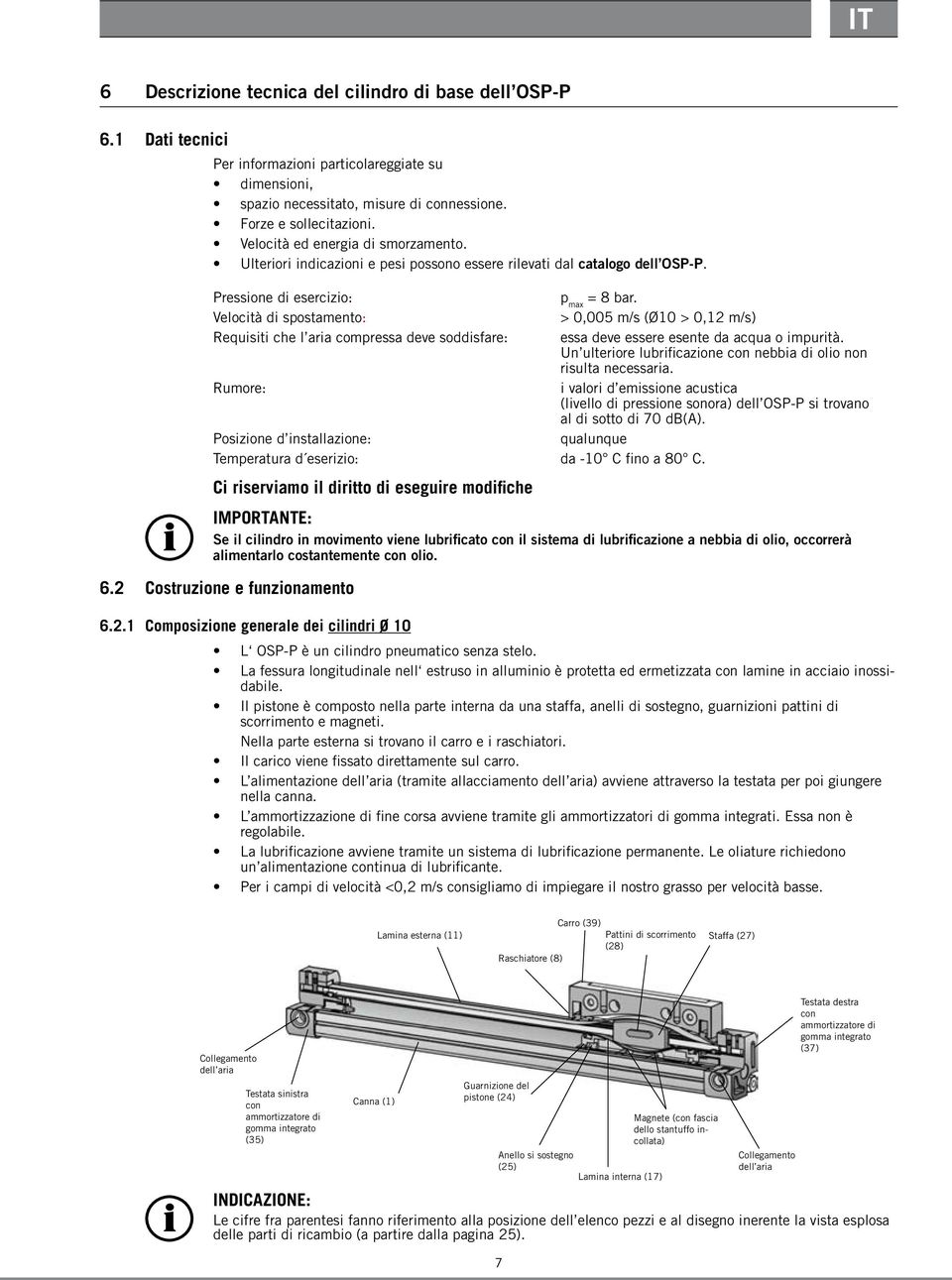 Velocità di spostamento: > 0,005 m/s (Ø10 > 0,12 m/s) Requisiti che l aria compressa deve soddisfare: essa deve essere esente da acqua o impurità.