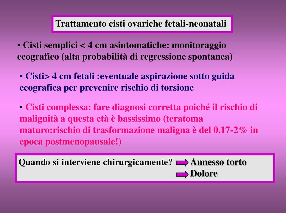 torsione Cisti complessa: fare diagnosi corretta poiché il rischio di malignità a questa età è bassissimo (teratoma