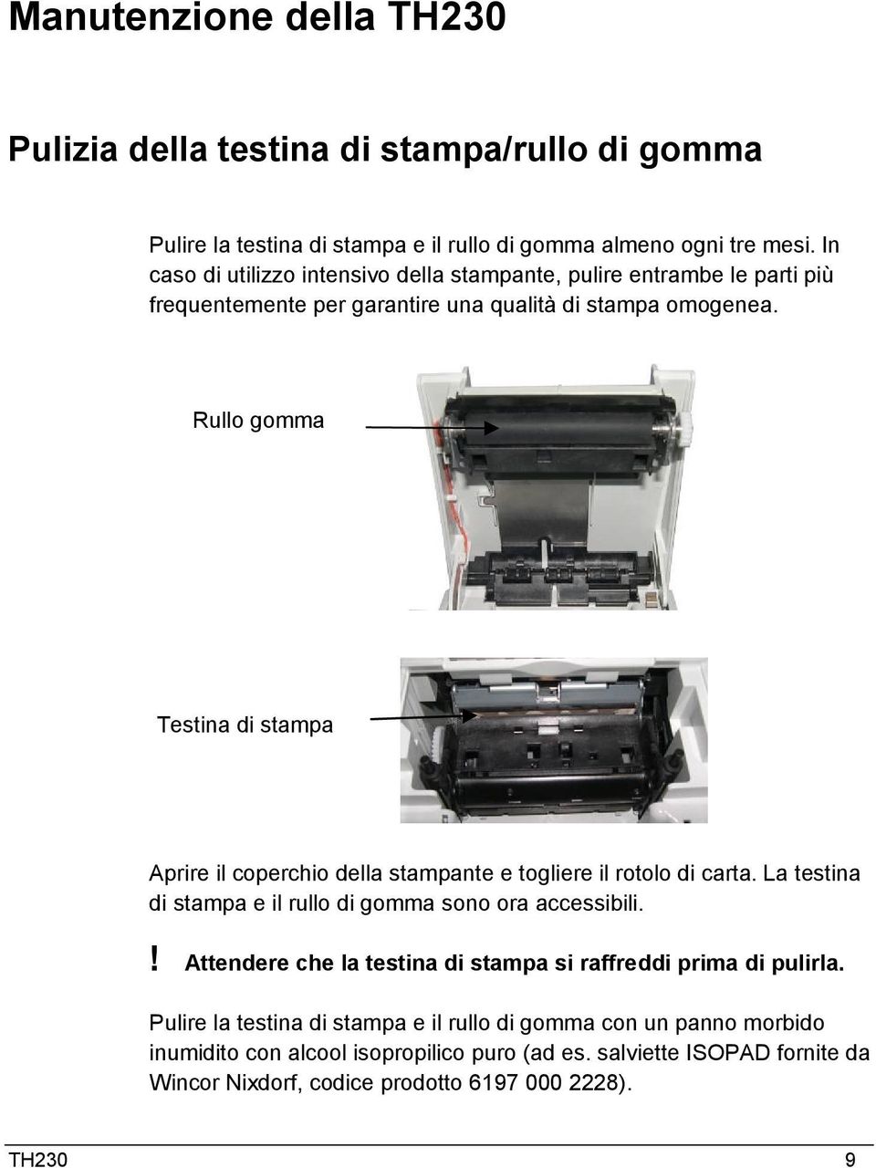 Rullo gomma Testina di stampa Aprire il coperchio della stampante e togliere il rotolo di carta. La testina di stampa e il rullo di gomma sono ora accessibili.