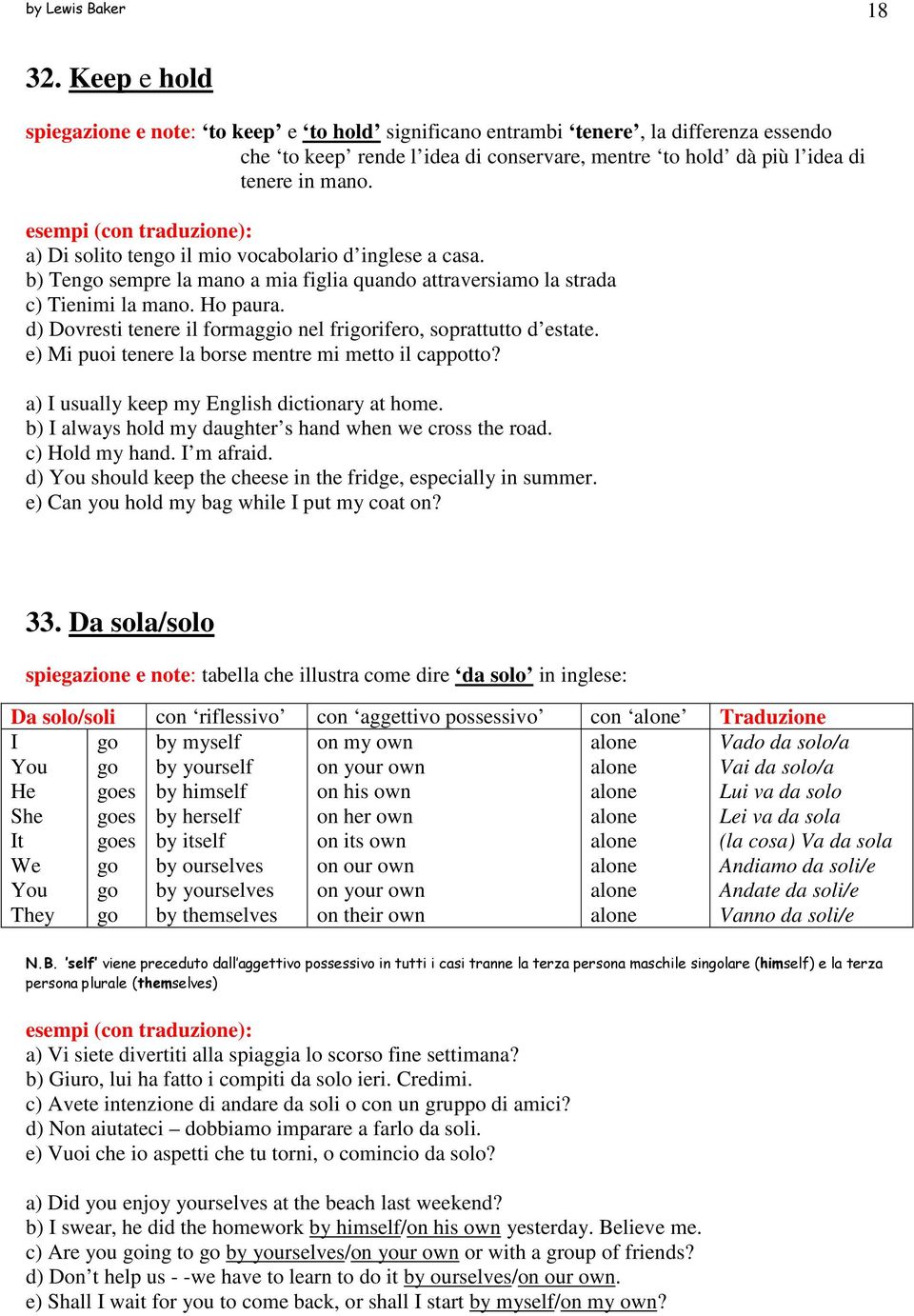 a) Di solito tengo il mio vocabolario d inglese a casa. b) Tengo sempre la mano a mia figlia quando attraversiamo la strada c) Tienimi la mano. Ho paura.