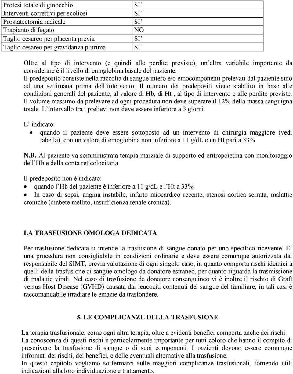 Il predeposito consiste nella raccolta di sangue intero e/o emocomponenti prelevati dal paziente sino ad una settimana prima dell intervento.