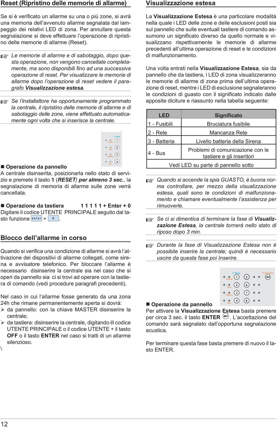 Le memorie di allarme e di sabotaggio, dopo questa operazione, non vengono cancellate completamente, ma sono disponibili fino ad una successiva operazione di reset.