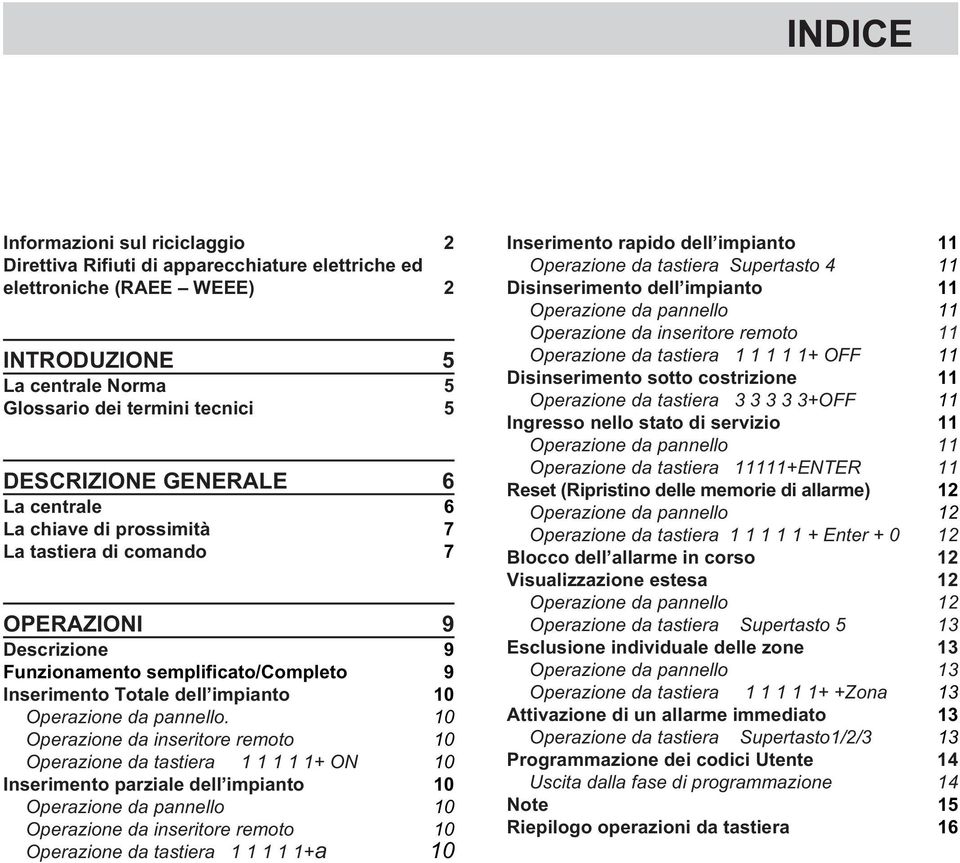 10 Operazione da inseritore remoto 10 Operazione da tastiera 11111+ ON 10 Inserimento parziale dell impianto 10 Operazione da pannello 10 Operazione da inseritore remoto 10 Operazione da tastiera