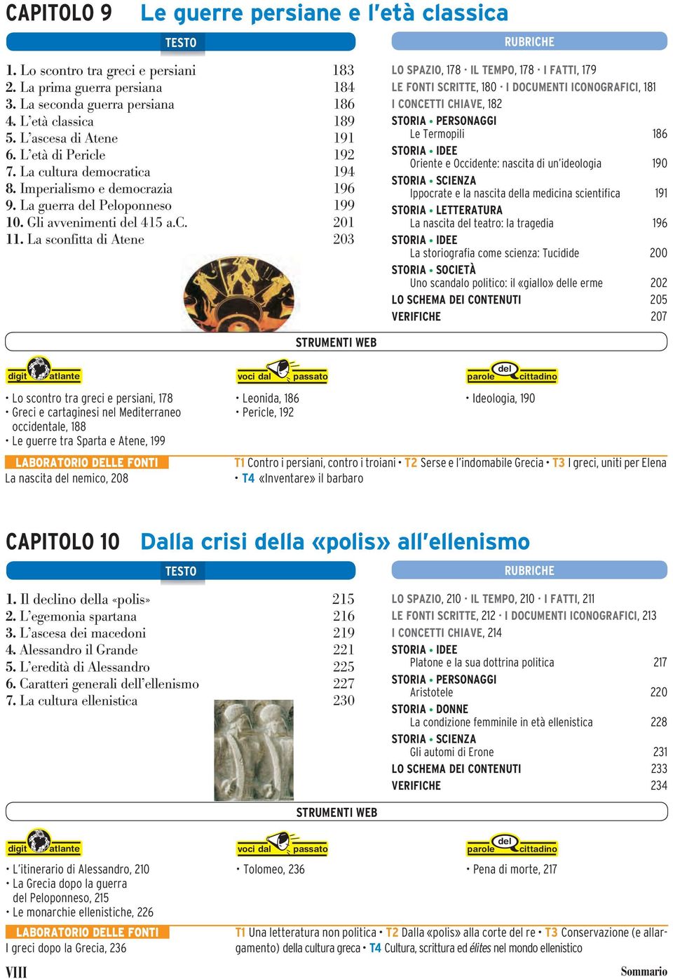 La sconfitta di Atene 203 LO SPAZIO, 178 IL TEMPO, 178 I FATTI, 179 LE FONTI SCRITTE, 180 I DOCUMENTI ICONOGRAFICI, 181 I CONCETTI CHIAVE, 182 STORIA PERSONAGGI Le Termopili 186 STORIA IDEE Oriente e