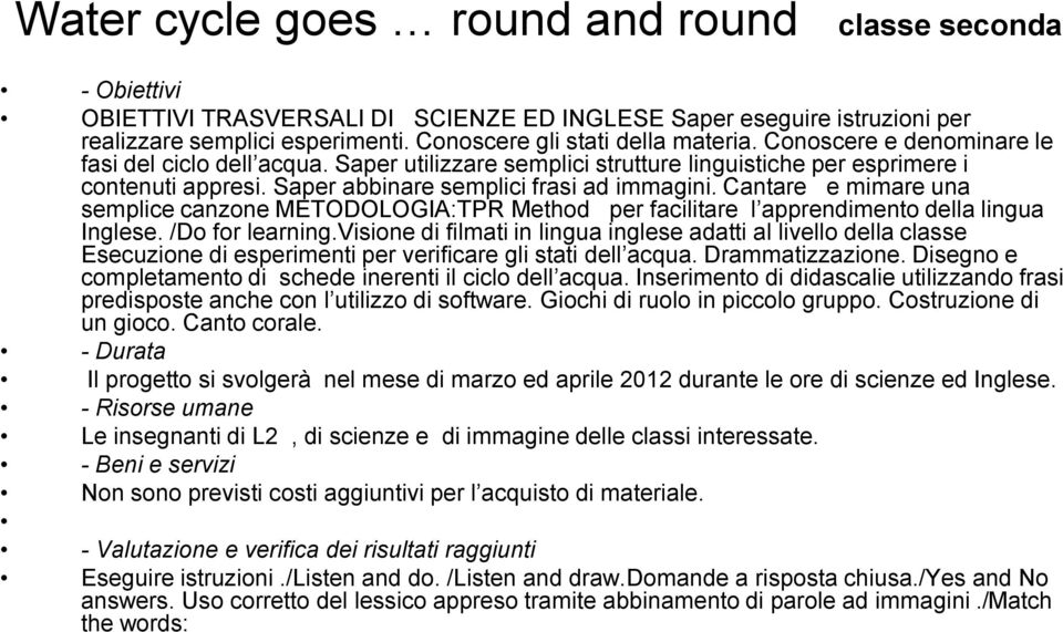 Saper abbinare semplici frasi ad immagini. Cantare e mimare una semplice canzone METODOLOGIA:TPR Method per facilitare l apprendimento della lingua Inglese. /Do for learning.