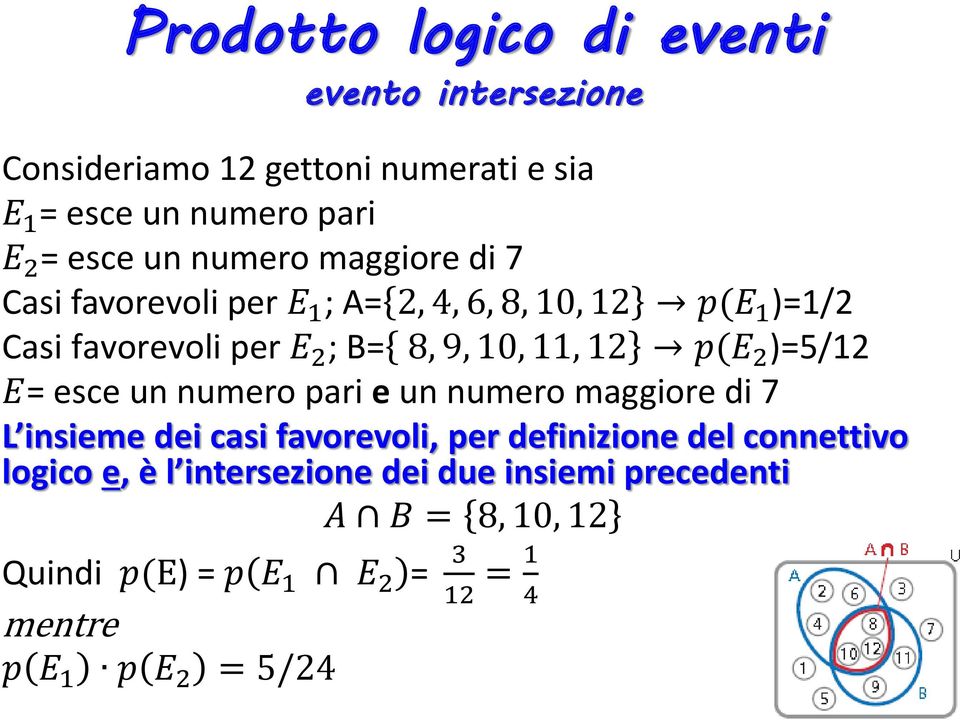 p(e 2 )=5/12 E= esce un numero pari e un numero maggiore di 7 L insieme dei casi favorevoli, per definizione del connettivo