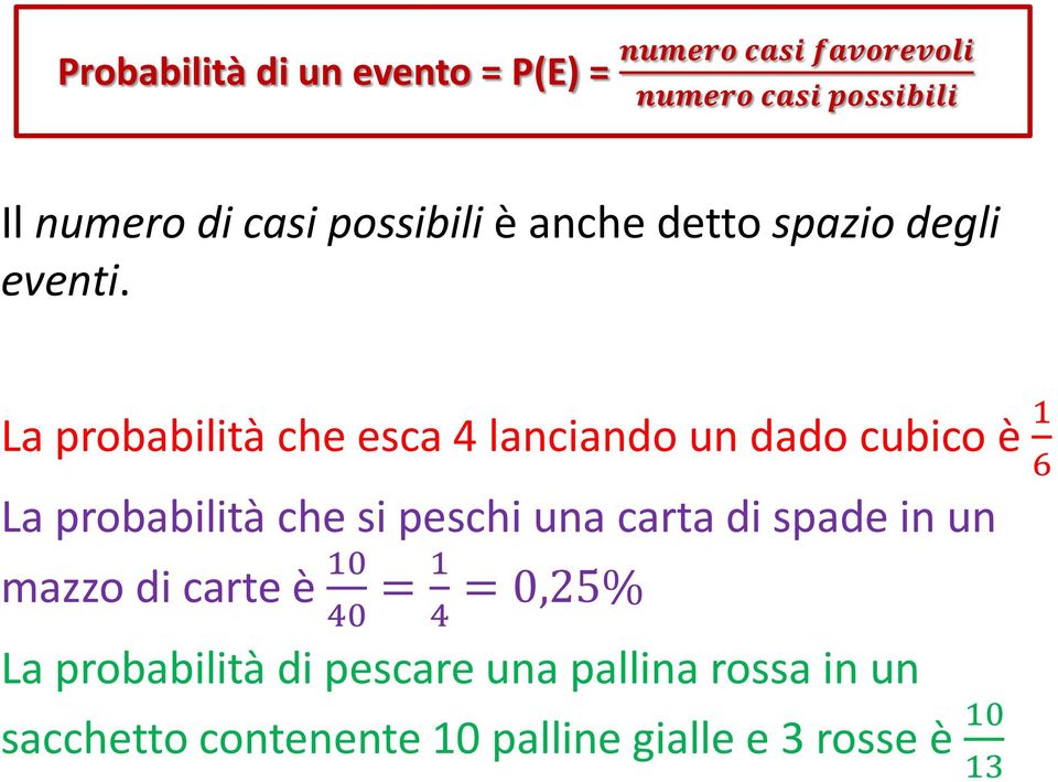 La probabilità che esca 4 lanciando un dado cubico è 1 6 La probabilità che si peschi una carta di