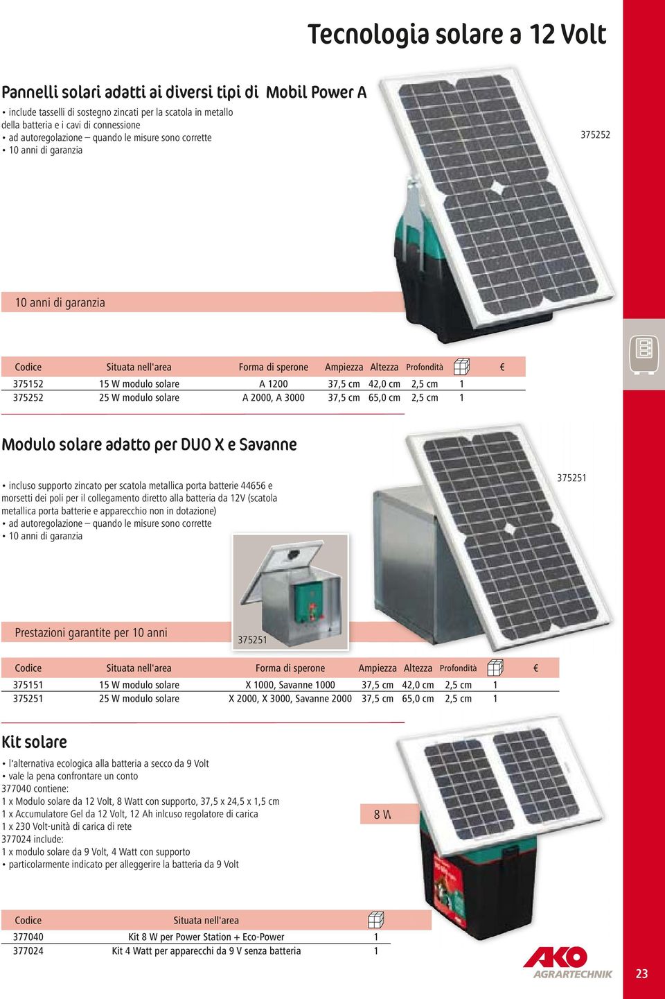 37,5 cm 42,0 cm 2,5 cm 1 375252 25 W modulo solare A 2000, A 3000 37,5 cm 65,0 cm 2,5 cm 1 Modulo solare adatto per DUO X e Savanne incluso supporto zincato per scatola metallica porta batterie 44656