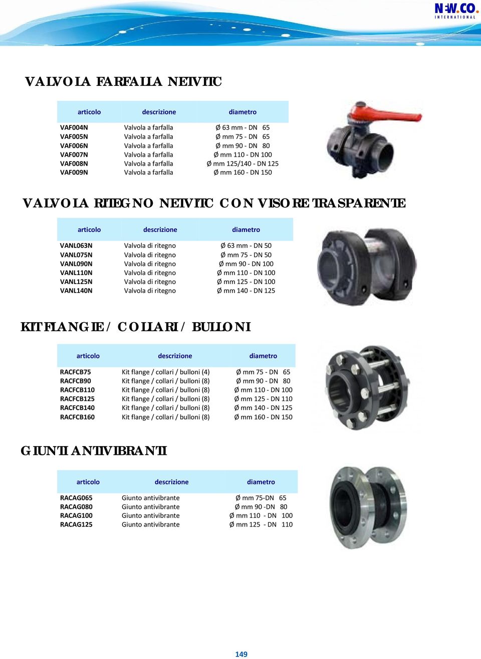 Ø mm 75 DN 50 VANL090N Valvola di ritegno Ø mm 90 DN 100 VANL110N Valvola di ritegno Ø mm 110 DN 100 VANL125N Valvola di ritegno Ø mm 125 DN 100 VANL140N Valvola di ritegno Ø mm 140 DN 125 KIT