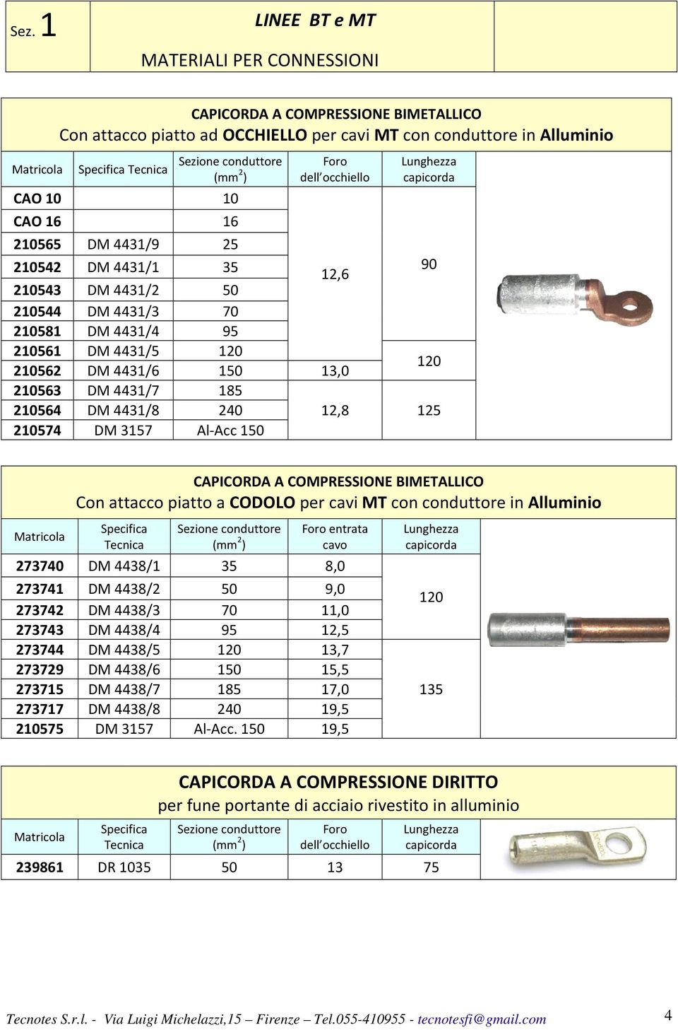 120 210563 DM 4431/7 185 210564 DM 4431/8 240 12,8 125 210574 DM 3157 Al-Acc 150 CAPICORDA A COMPRESSIONE BIMETALLICO Con attacco piatto a CODOLO per cavi MT con conduttore in Alluminio Tecnica